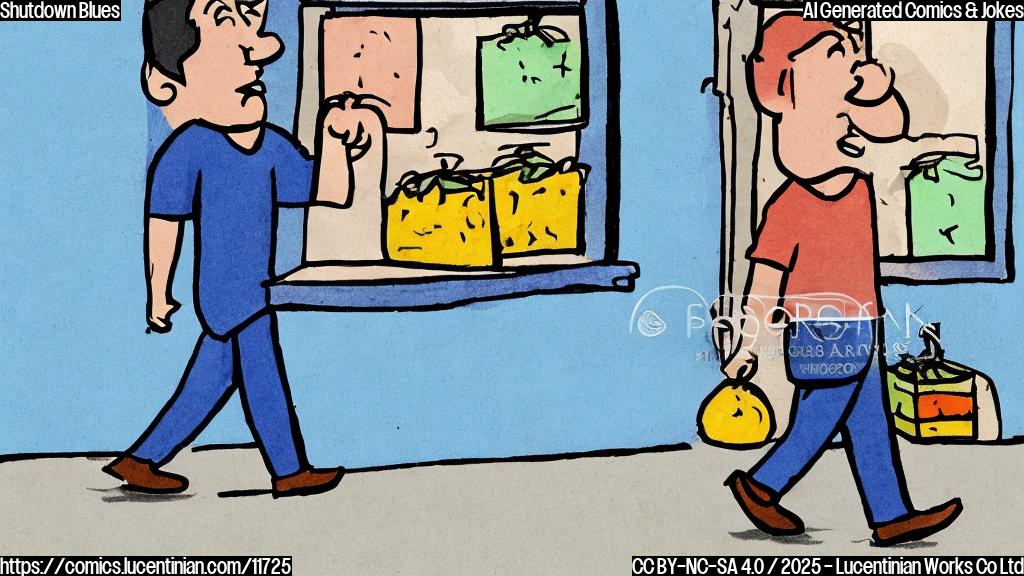 A simple cartoon of a person in a blue shirt carrying a ladder towards a grocery store with exaggerated prices on the window. The background is a plain light blue.