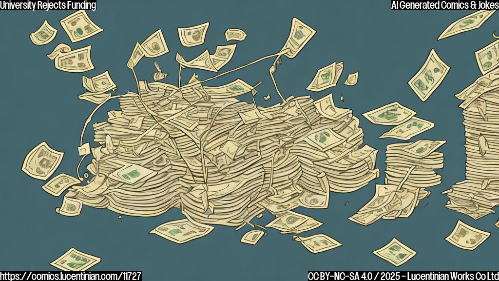 A simple cartoon image depicting a university building with a thought bubble showing a pile of money with strings attached to it, being pushed away. The style is plain color and cartoonish.