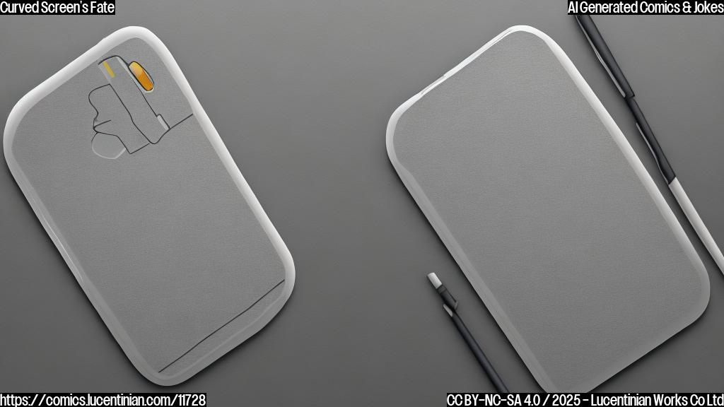 a plain color cartoon style image of a sad, generic-looking smartphone with a curved screen, lying on its side. The screen is cracked in a few places.