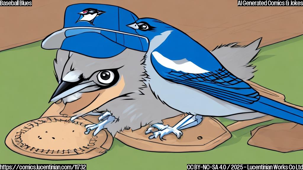 Plain cartoon style. A blue jay wearing a baseball cap, perched atop a baseball diamond home plate, looking down triumphantly. The baseball diamond is slightly tilted.