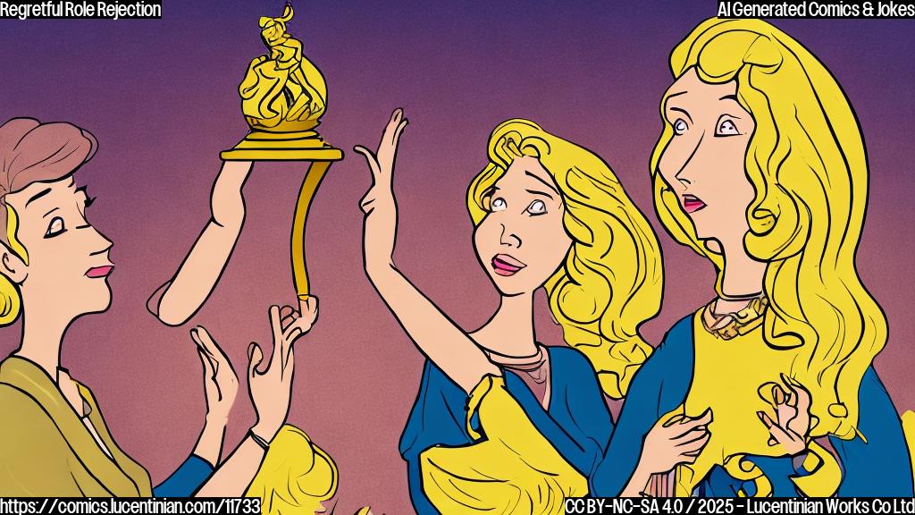 A sad looking cartoon woman with dark hair and a fancy dress looks at a golden statue from afar. Another cartoon woman with blonde hair happily holds the statue in the air. The background is plain yellow. Cartoon style.