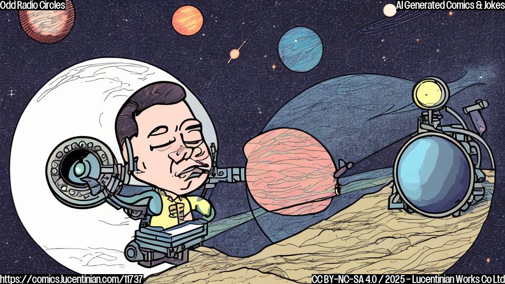 A cartoon drawing, plain color style, depicting an astronomer with a telescope looking disappointed, and a giant, glowing, circular radio wave shape receding into the distance.