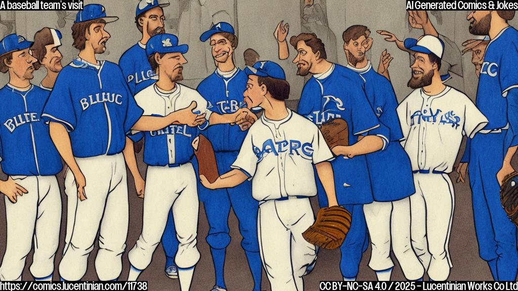 Plain color cartoon style. A baseball team dressed in blue uniforms meeting a religious leader with a white dress. The baseball team looking sad. The religious leader is holding a trophy and smiling.