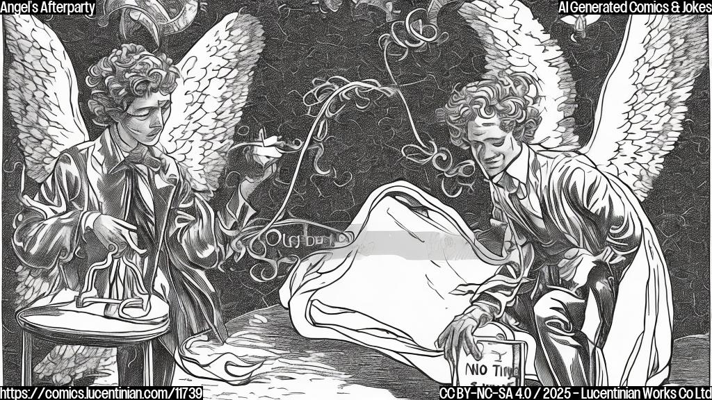 a plain color cartoon style picture of an angel with golden curly hair sadly looking at a velvet rope with a sign saying "No Wings Allowed After 10 PM", outside a club with a bouncer in a black suit