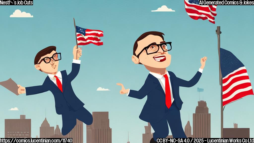 Plain color cartoon style picture of a business man with suit and glasses jumping over a corporate building with a flag on the top.