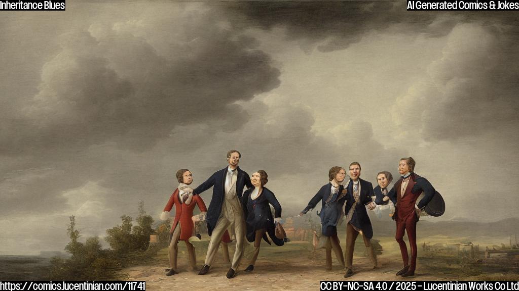 A plain cartoon style picture of a wealthy looking man with a sad expression, floating downwards like a deflated balloon. In the background, two young adults are happily walking away, waving goodbye.