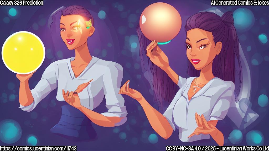 A fortune teller with a glowing crystal ball. The crystal ball shows a futuristic smartphone with a sleek, edge-to-edge screen. Cartoon style, plain colors.