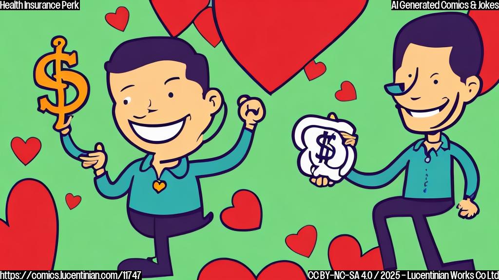 A cartoon drawing in a plain color style showing a happy employee with a big smile, wearing a shirt with the company logo (a stylized heart), and dollar signs floating around them. The background is a solid light green.