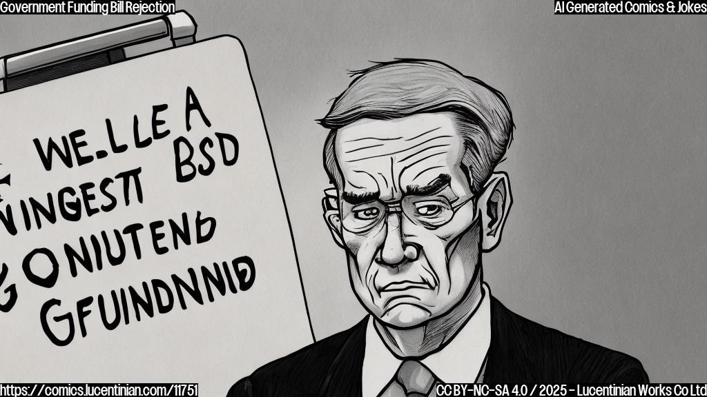 A cartoon style image depicting a sad-looking bill with the words "Government Funding" printed on it, standing outside a door labeled "Congress." The bill is holding an empty briefcase, looking dejected. The background is a plain light blue color.