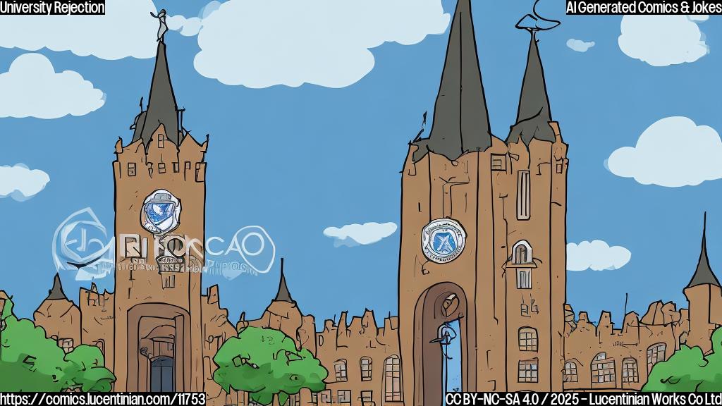 A simple, plain color cartoon style image. A university building with a graduation tower behind it. In front of the building, students are selling branded hoodies.