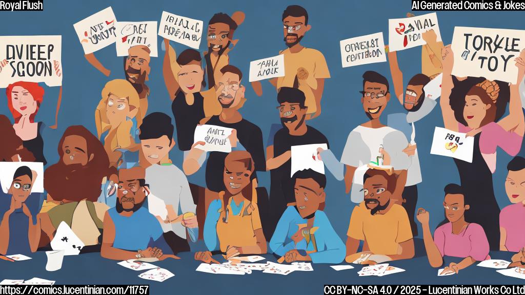 A group of diverse people holding signs with crossed-out crown symbols sit around a poker table. Cartoon style, plain color background.