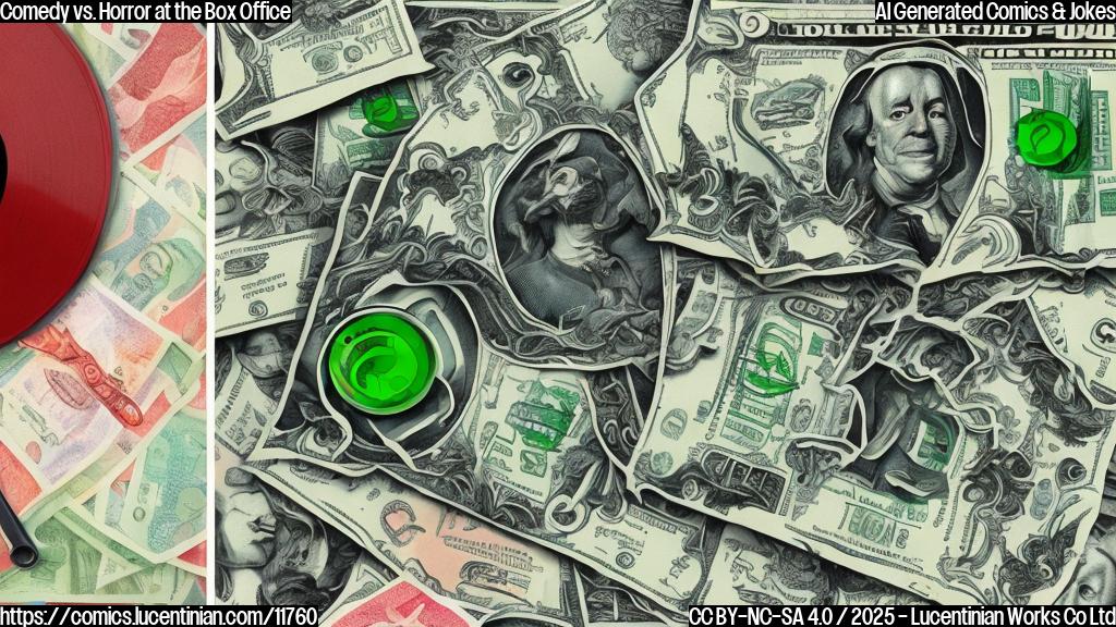 a cartoon style illustration with plain colors. On the left side, a stylized film reel labeled "Horror" is overflowing with green dollar bills. On the right side, a sad looking film reel labeled "Comedy" is leaking red ink.