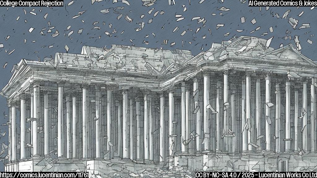 a plain color cartoon style picture, depicting a large white building with columns, seemingly sad and rejected, with many papers flying away from it. The sky is grey and cloudy.