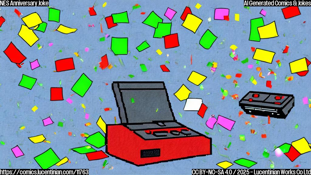 A plain background cartoon image of a pixelated old video game console with confetti falling around it, in celebration. The console looks happy and has a birthday hat on.