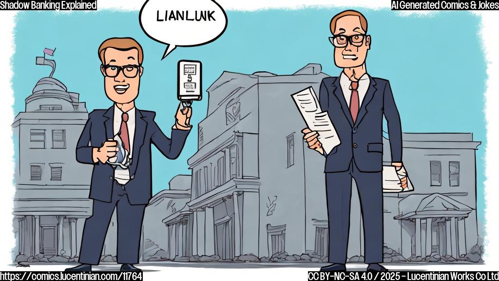 A cartoon illustration in a plain, pastel color style. A serious-looking character with glasses and a suit is standing in front of a large bank building. They are holding a comically oversized flashlight, shining it towards the bank. The bank has a speech bubble coming out of it saying "Unregulated Loans!".