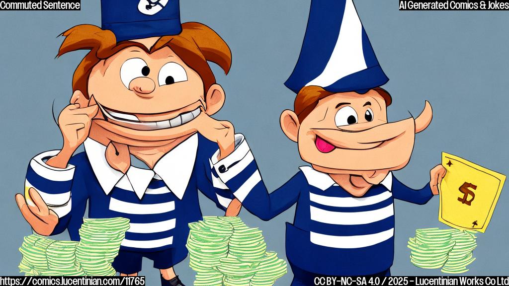 A simple cartoon image of a person wearing a striped prison uniform and a party hat, holding a bag of money with a mischievous grin. The background is a plain blue color.