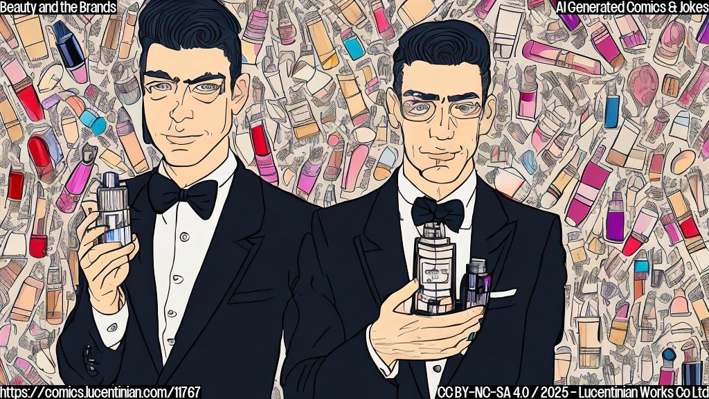 A cartoon-style image of a man in an expensive suit looking stressed while surrounded by perfume bottles and lipstick tubes. The background is a stylized graph showing a downward trend. The overall color palette is muted and plain.