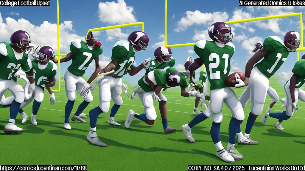 Cartoon image of a football team carrying a comically large ladder onto a football field. The field is green and the sky is blue. The team members are wearing generic football uniforms.