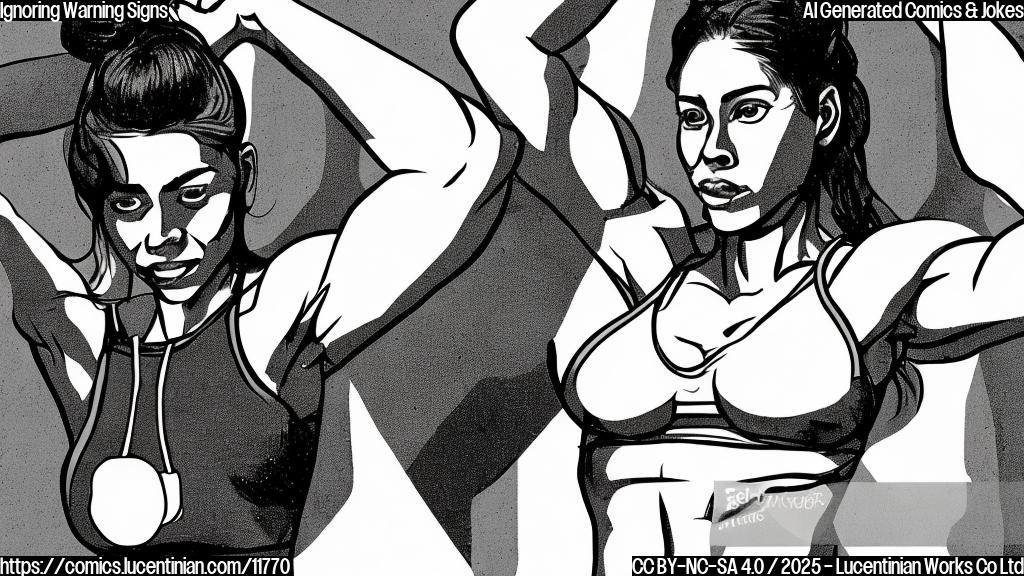 Plain color cartoon style picture of a woman in her late twenties, wearing gym clothes, flexing her arm with a confused expression. A small lump is visible under her armpit. A thought bubble above her head contains a dumbbell.