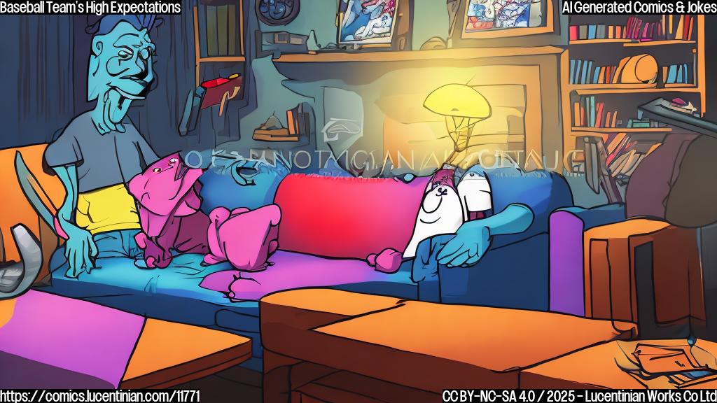 A cartoon style image with plain, bright colors. Show a baseball bat leaning against a couch in a therapist's office. A baseball with worried eyes sits on the couch.