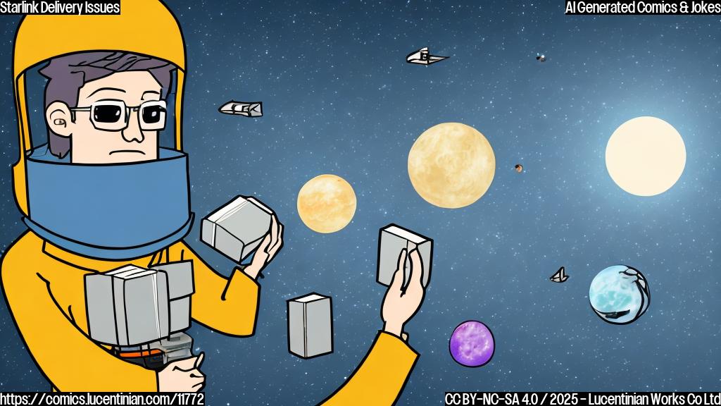 Plain color cartoon style picture of a stressed customer looking at a night sky with only 27 small satellites visible, the customer holding a package with a label saying "Starlink Delivery (minus one)".