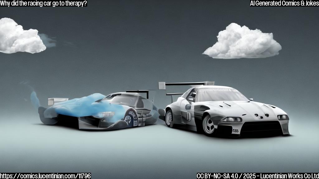 A cartoon-style image of a race car sitting on a therapist's couch. The race car looks visibly stressed. The therapist is a friendly looking cloud. The background is a plain light blue.