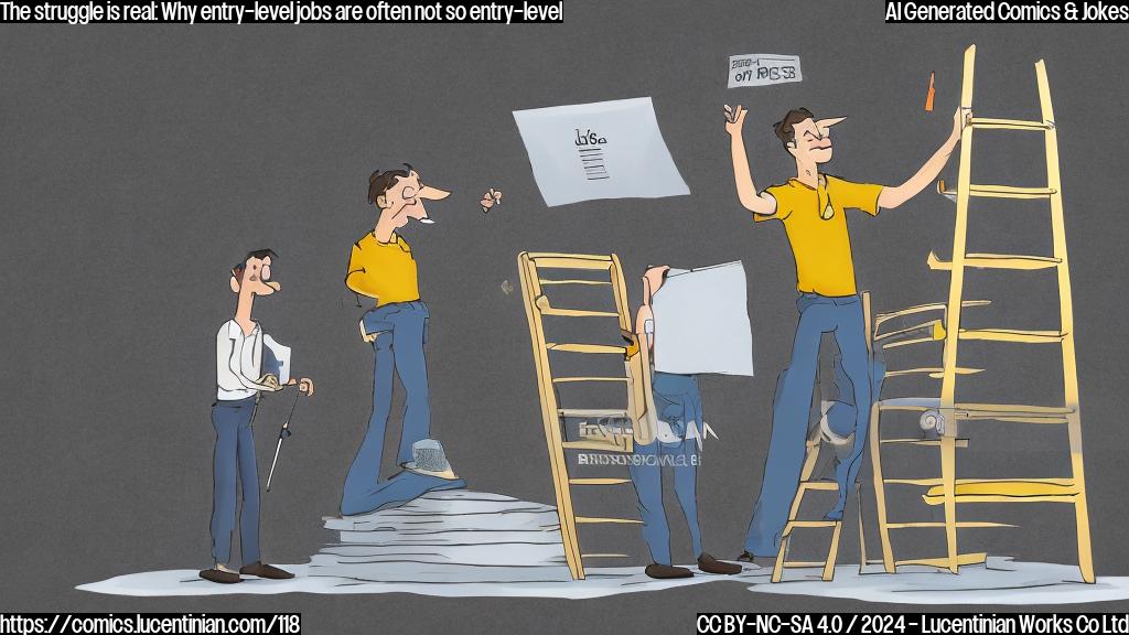 A cartoon image of a person holding a ladder with a confused expression, standing in front of a large piece of paper with the words "entry level job requirements" scribbled on it. The ladder has multiple rungs labeled with numbers from 5-10 years of experience, and the person is looking frustrated and disappointed. In the background, there's a subtle image of a person trying to apply for a job with a briefcase and a determined look, but being rejected by a giant "X" marked on their application. The entire scene should have a comedic tone to it.