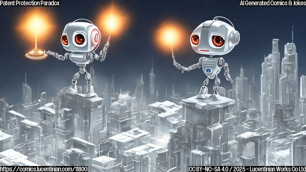 A cartoon drawing of a small, determined-looking robot wearing a tiny lawyer's wig, standing proudly on top of a mountain of legal documents. In the background, a vast, futuristic city is being built by other, more advanced robots, while the lawyer-bot is completely oblivious.