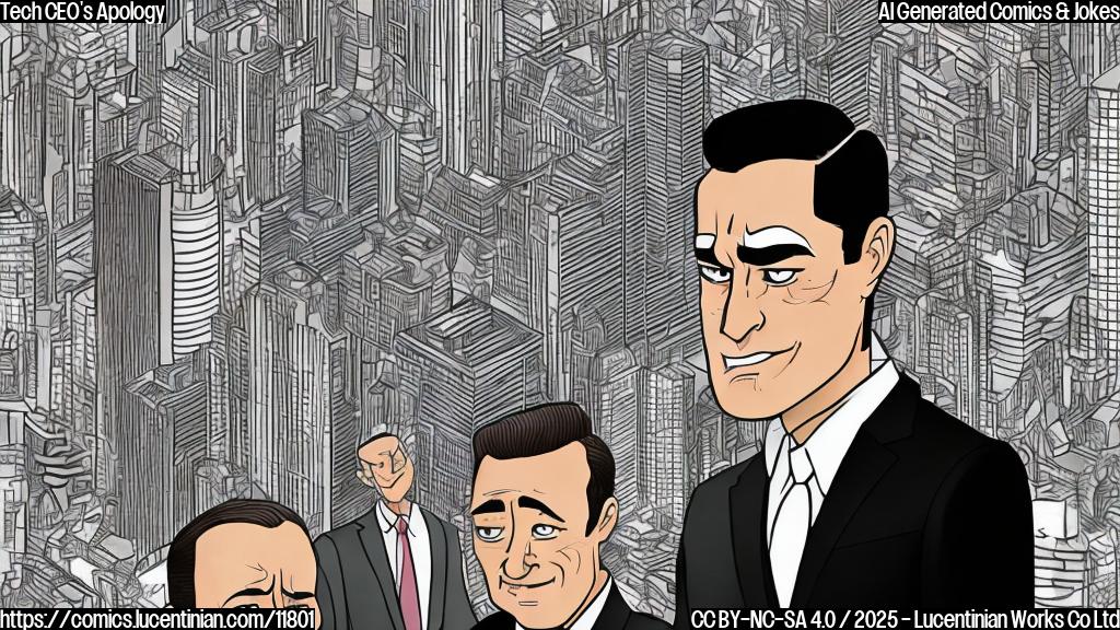 Plain color cartoon style image of a tech CEO with slicked-back dark hair and wearing a suit, facepalming while a person in a business suit whispers urgently into his ear. In the background, there are stylized buildings representing a generic city skyline.