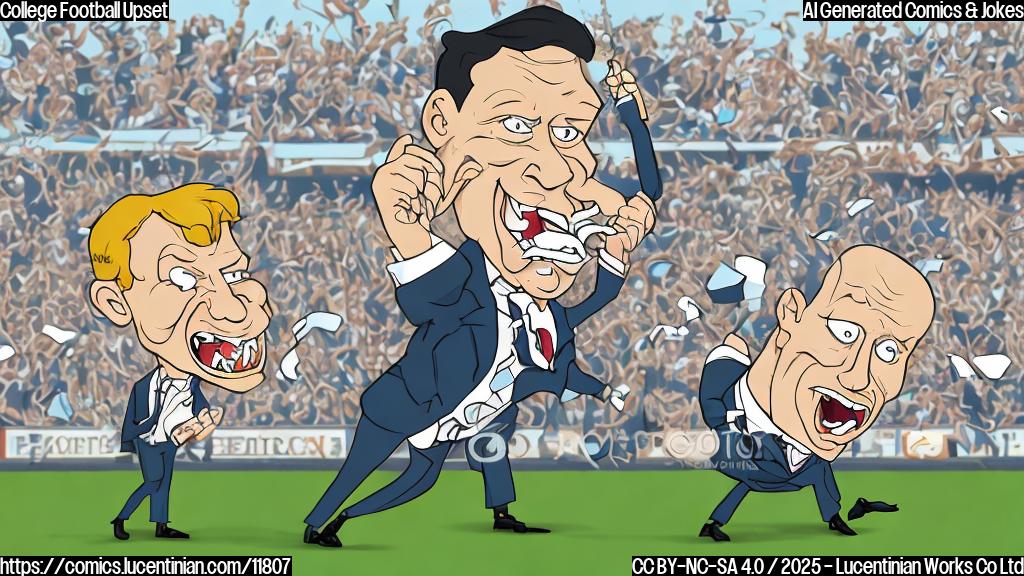 a cartoon image of a sports commentator in a suit, eyes wide and mouth agape, falling backwards in surprise, with a football game happening in the background where the underdog team is clearly winning. The style is simple and plain color, cartoonish.