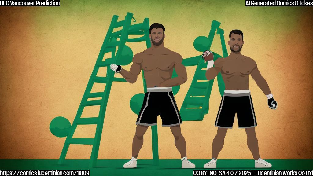Plain color cartoon of a muscular MMA fighter in shorts and gloves, holding a comically oversized ladder, standing in a generic octagon. Background is a simple green.