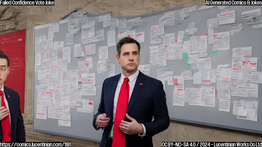 A confident-looking politician with a red tie and a stern expression stands in front of a whiteboard filled with budget-related notes. A speech bubble above their head says, "I'm telling you, we can get it done!" The background is a blurred image of a parliament building with empty seats and scattered papers.