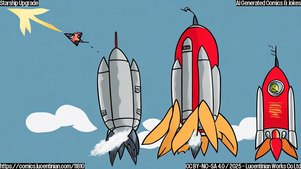 A cartoon rocket looking worried standing next to a giant pair of boots on a launchpad. The rocket is colored in plain white with black outlines. The boots are brown. The background is a plain light blue sky.