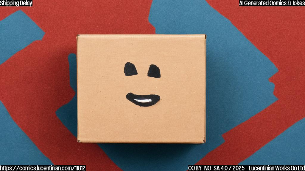 A cartoon-style image of a brown cardboard box with a sad face, being blocked by a large, red brick wall labeled "Tariffs." The box has small, weak-looking arms and legs. The background is a plain blue color.