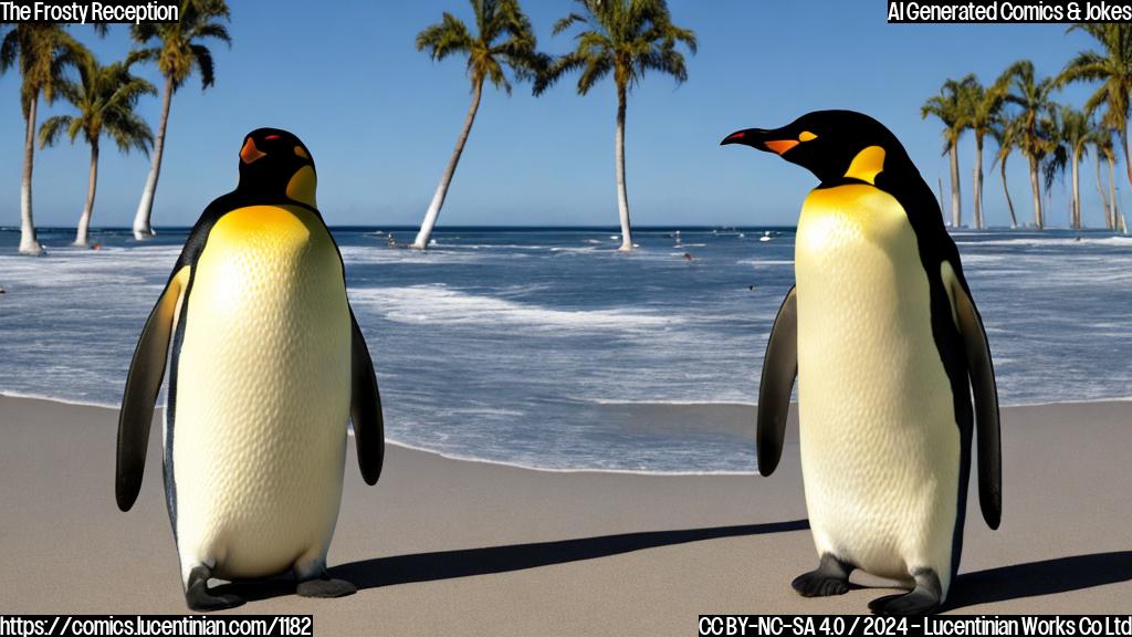 Draw a cartoon of a lone, malnourished emperor penguin standing on an Australian beach, surrounded by palm trees and sunbathing tourists. The penguin is wearing a confused expression and holding a sign that says "I'm having a frosty reception back home!".