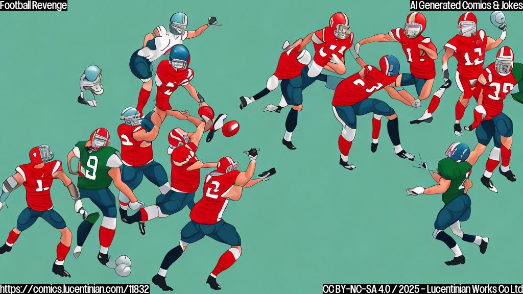 A cartoon-style image of a green football team carrying a tall ladder towards a red football team, both teams standing on a green football field. The sky is light blue.