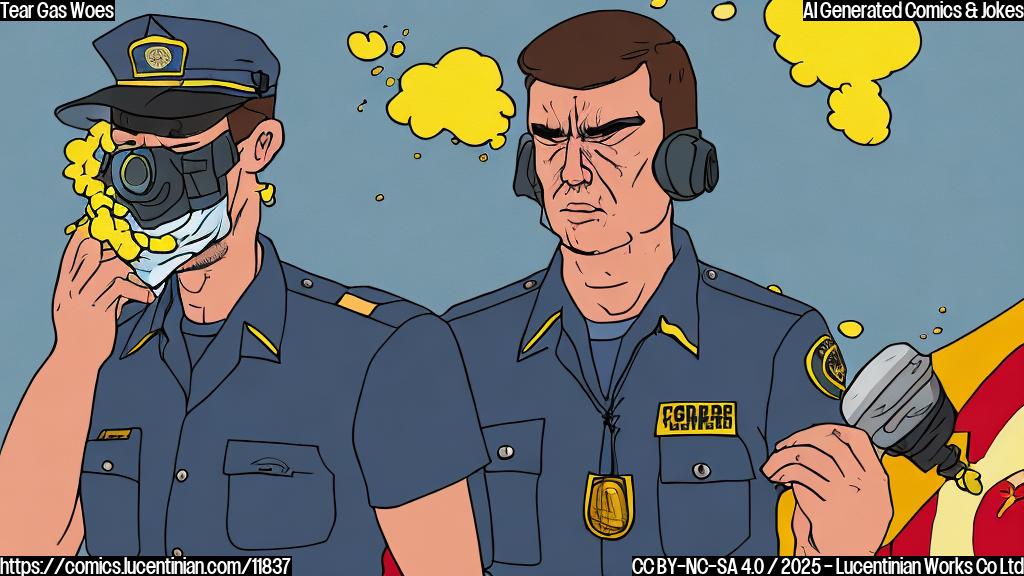 Plain color cartoon style. A frustrated federal agent with a serious expression, wearing a uniform, and carrying a tear gas canister. He is visibly irritated, wiping his eyes with a handkerchief while a cloud of yellow gas swirls around him. The background is a solid, light blue.