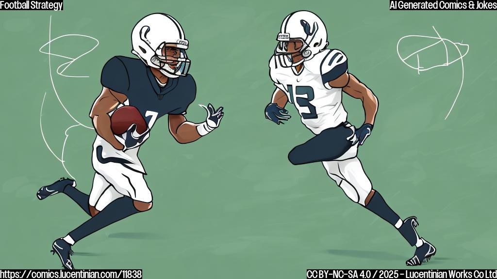Cartoon style illustration of a football player in a generic team uniform, running towards the end zone but stopping just before the line. The background is a plain light green color.