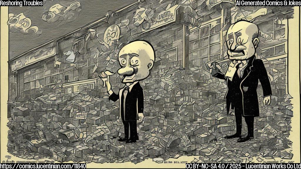 Cartoon image in plain colors depicting a sad factory owner. He's standing in front of a closed factory, with dark clouds overhead. Small symbols representing tariffs (a price tag), immigration restriction (a fence), and budget cuts (scissors cutting a dollar bill) are hovering around him like angry flies. The factory owner is wearing a business suit and a dejected expression. The style should be simple and cartoonish, reminiscent of a newspaper comic strip.