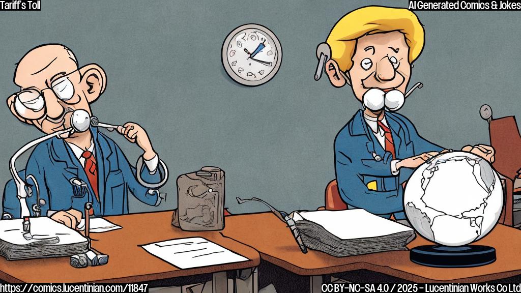 Cartoon illustration. A globe character with a sad face, sitting on an examination table in a doctor's office. The doctor, a stethoscope around their neck, is holding a giant syringe labeled "Tariffs" and looking sympathetically at the globe. The background is a simple, plain colored wall.