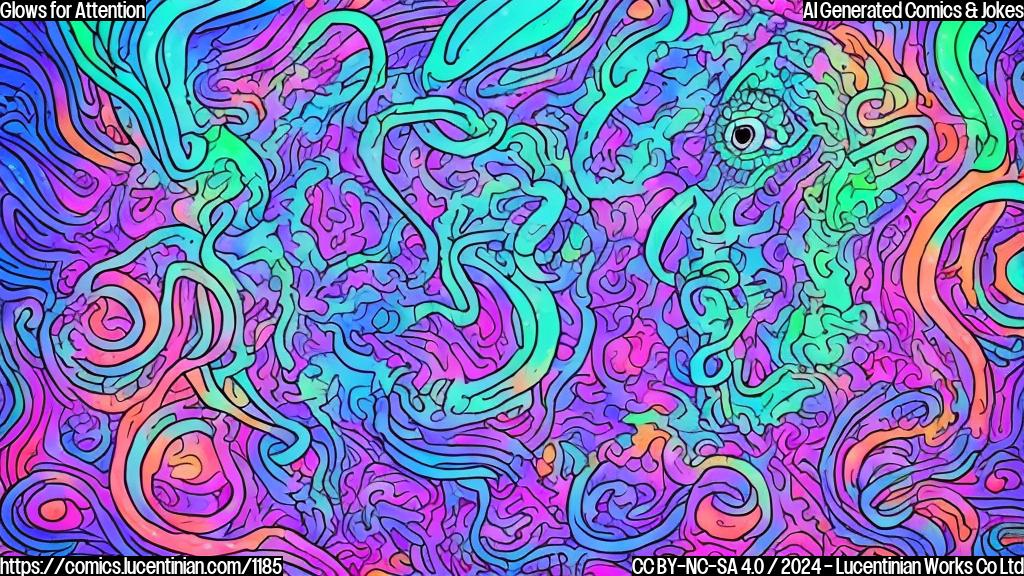 A colorful, cartoon-style drawing of a glowing sea creature with fingers on its tail, wearing a hood, and surrounded by bright, glowing lights, in shades of purple, blue, and pink. The creature's face should be expressionless, with a subtle hint of sadness.