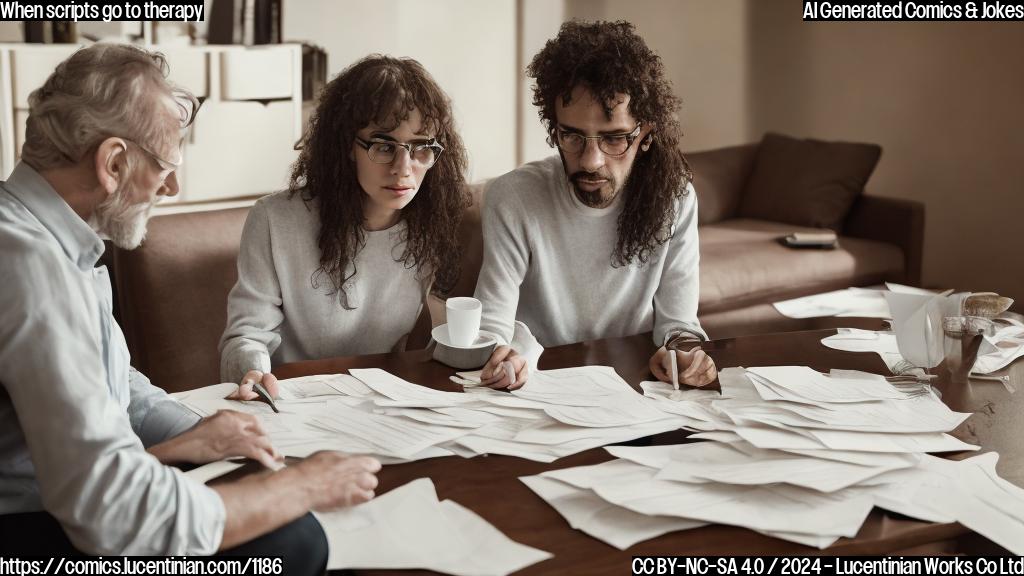 A young female screenwriter sitting on a therapist's couch, surrounded by scattered papers and coffee cups, with a thoughtful expression on her face. The therapist, an older male figure with a kind smile, sits in a chair opposite her, taking notes.