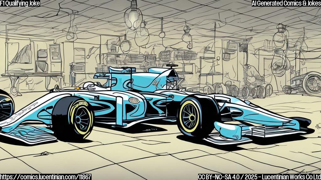 Plain color cartoon style image of a sad looking Formula 1 race car with its wheels drooping, parked in a garage. The garage is simple with a light bulb hanging.