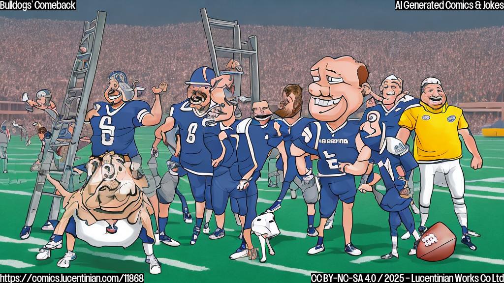 Cartoon style image of a football coach holding a comically large ladder on a football field, with generic players in the background and a bulldog mascot looking surprised. The color scheme should be plain.