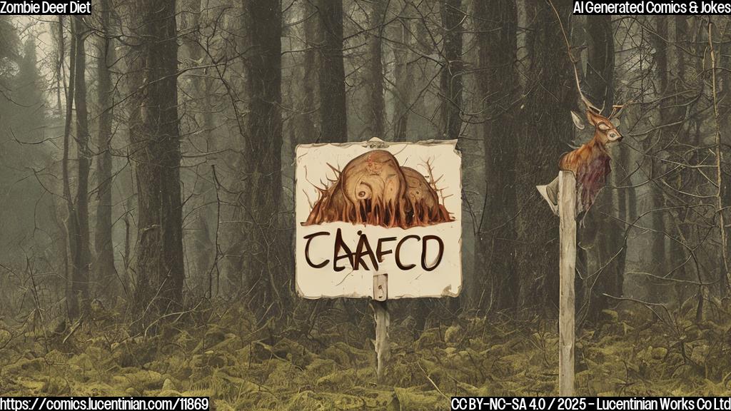 A cartoon image of a zombie deer with decaying fur standing in a forest, looking longingly at a sign that reads "Slow Brains Cafe", done in a flat, minimalist style with muted colors.
