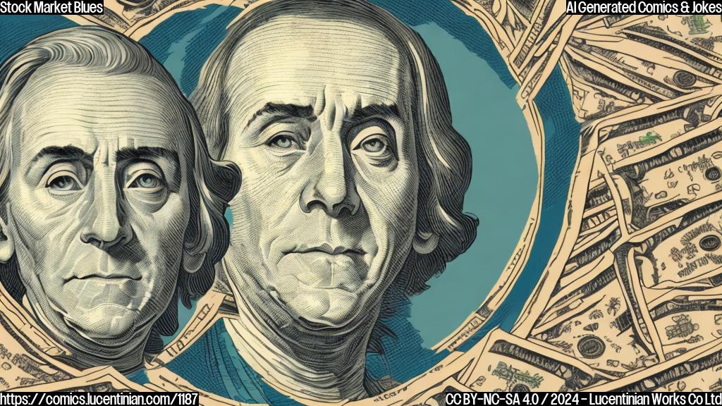 a cartoon of a face with a worried expression, holding a small graph that's fluctuating wildly, surrounded by dollar signs and stock market symbols, in a plain color style