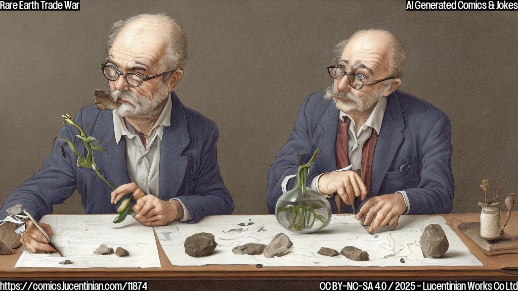 A cartoon drawing of a sad economist with glasses sitting alone at a table with a wilting flower in a vase. In the background, a geologist with a magnifying glass is excitedly examining a rock sample. The color palette is muted, using mostly grays and browns, to emphasize the loneliness.