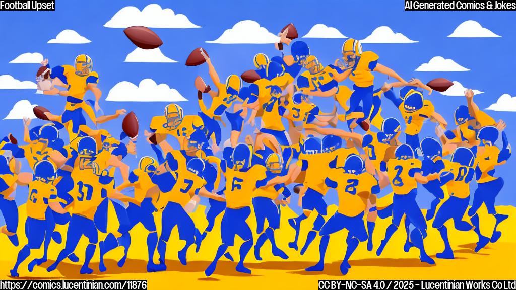 A cartoon drawing of a football team carrying a ladder towards a football stadium. The sky is blue. The style is plain color cartoon.