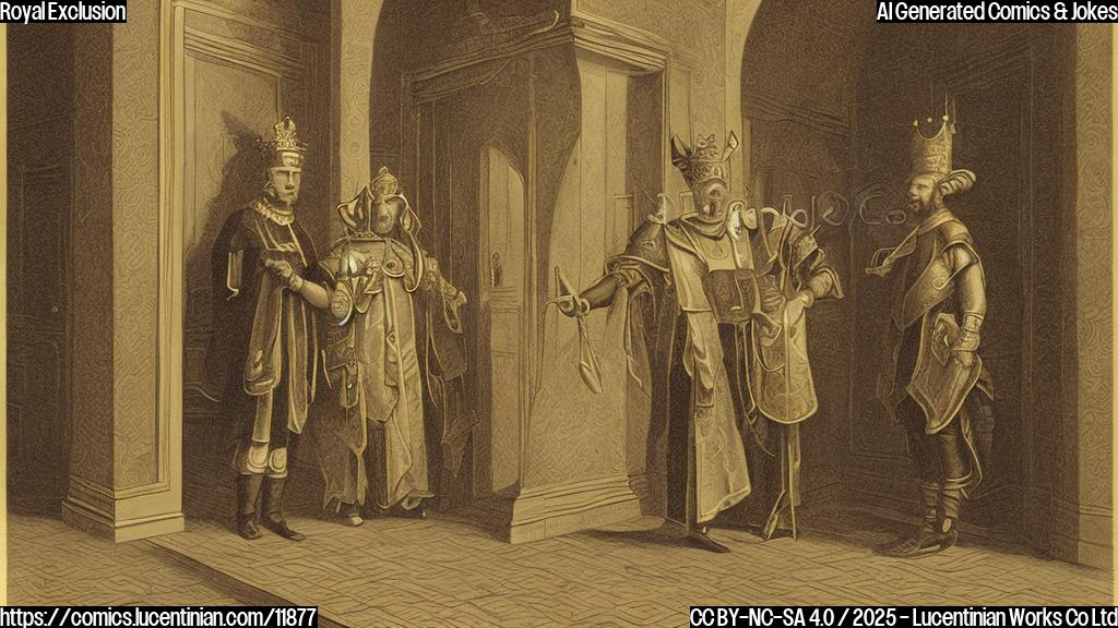 A simple cartoon image. A man wearing a fancy golden crown is standing near the door. A sad middle-aged man with graying hair is standing outside the door looking sad. Color pallette should be plain and cartoonish.