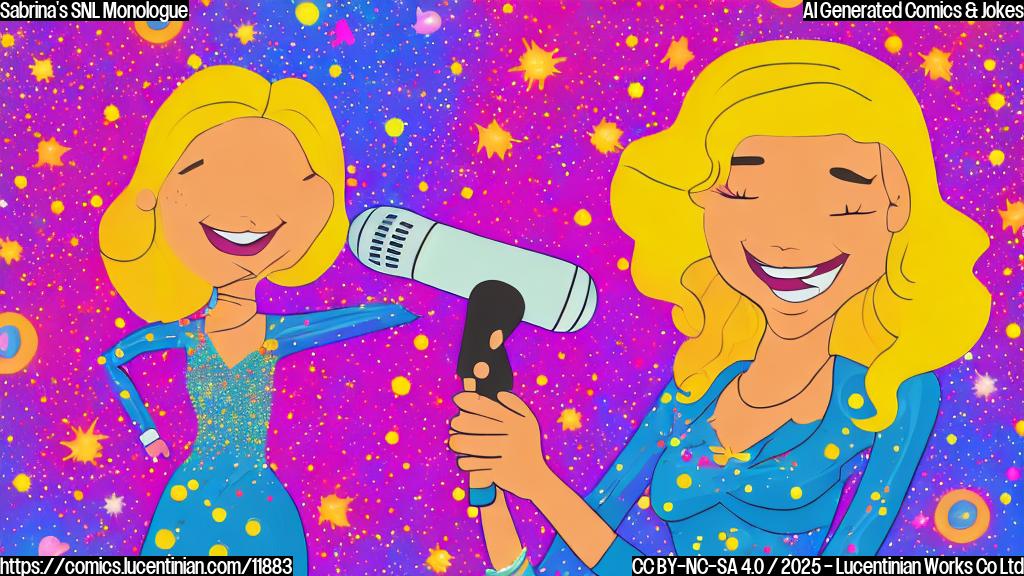 A cheerful woman with long blonde hair, wearing a sparkly dress, stands confidently on a brightly lit stage with a microphone in hand. The background is a simple, colorful cartoon style with abstract shapes and patterns.